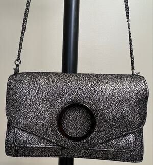 Halston Heritage Metallic Leather Chain Crossbody Clutch Gunmetal Ring